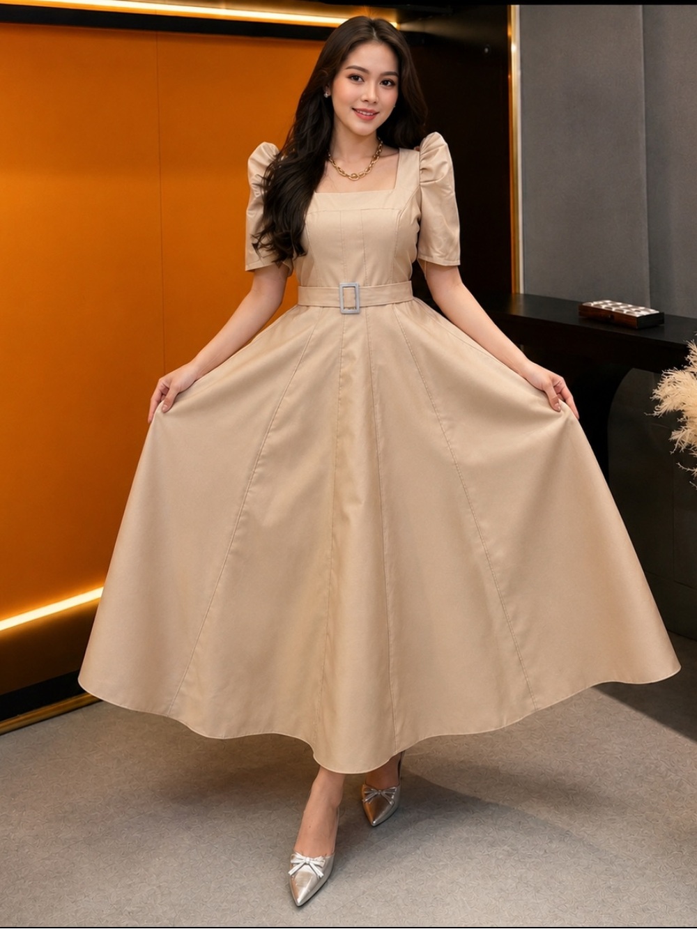 Filipiniana Classic Square-Neck Cream Midi Dress with Pockets, Belt. Fits S to L